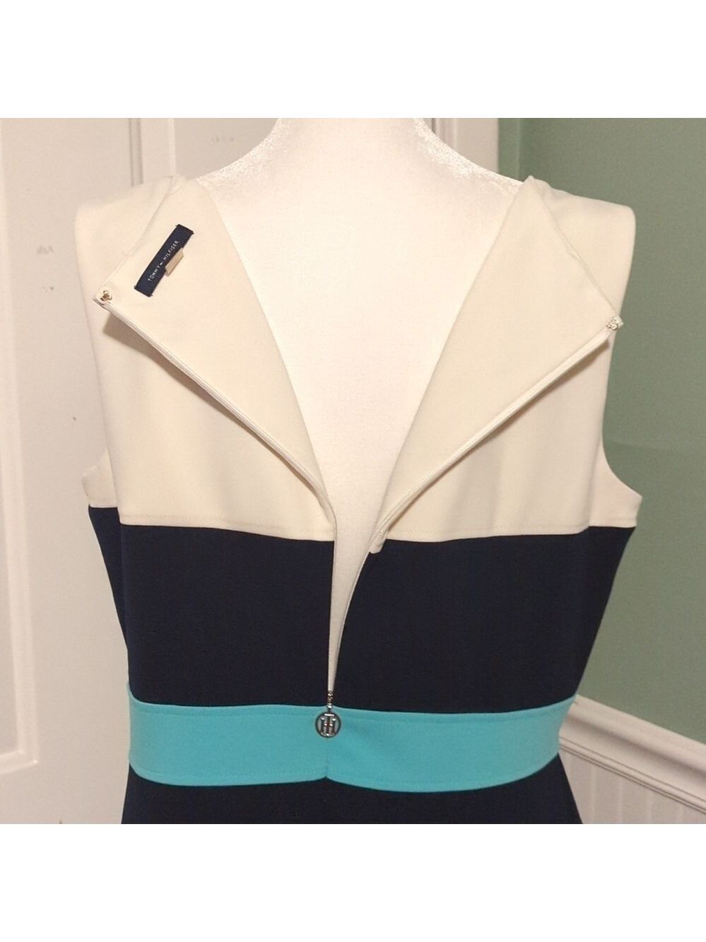 Tommy Hilfiger A Line Dress Navy Teal Cream Size 16 - Picture 8 of 14